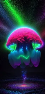 Glowing neon jellyfish with vibrant colors in abstract art style.