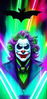 Neon Joker art with a colorful, glowing background and bat silhouette.