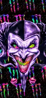 Vibrant neon joker wallpaper with psychedelic colors.