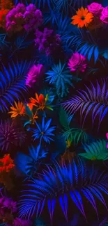 Vibrant neon jungle wallpaper with colorful foliage.
