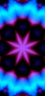 Vibrant neon kaleidoscope wallpaper with pink and blue star patterns.