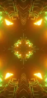 Vibrant neon kaleidoscopic wallpaper with glowing yellow and green geometric design.