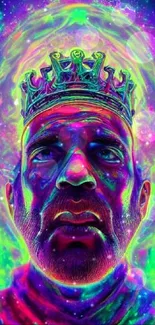 Vibrant neon portrait of a king with cosmic background.