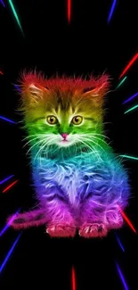 Neon rainbow kitten on black background wallpaper.