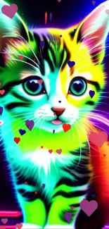 Vibrant neon kitten with colorful glowing fur.