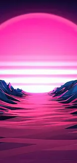 Vibrant neon sunset landscape with futuristic design in shades of hot pink and blue.