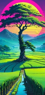 Neon landscape with lone tree and sunset in vibrant colors.