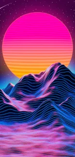 Neon landscape with vibrant sunset and mountains in vivid colors.