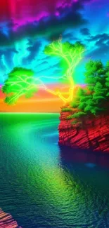 Vibrant neon landscape with glowing tree and colorful sky over serene waters.