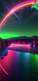 Vibrant neon landscape with glowing colors.