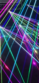 Vibrant neon laser lights creating dynamic patterns on a dark background.