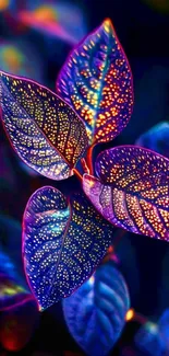 Vibrant neon leaves with glowing details on a wallpaper background.