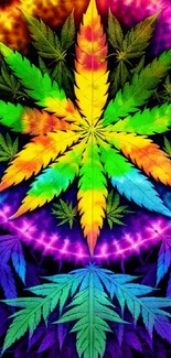 Vibrant neon leaf pattern with rainbow colors.