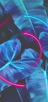 Vibrant neon wallpaper with glowing leaf patterns and bright circles.