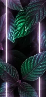 Neon-lit green leaves with glowing stripes