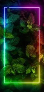 Neon outline with green leaves in vibrant phone wallpaper design.