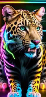 Neon leopard art with vibrant colors and a glowing effect on black background.