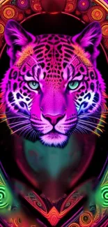 Neon leopard art with vibrant colors in a psychedelic style.