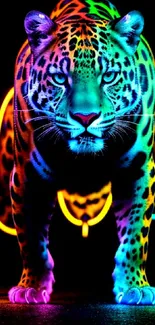 Neon jaguar with vibrant colors on a black background.