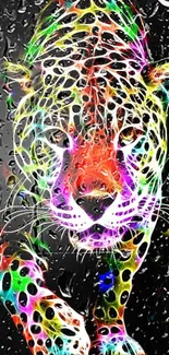 Colorful neon leopard with raindrop details in a vibrant mobile wallpaper.