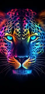 Vibrant neon leopard face on black background.