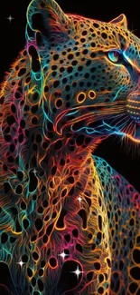 Vibrant neon leopard digital art with glowing colors on a black background.