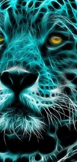 Neon leopard with vibrant blue hues and glowing eyes on black background.