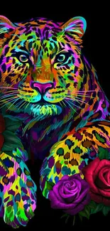 Vibrant neon leopard with roses wallpaper design.