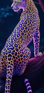 Neon leopard perched on tree in vibrant colors.