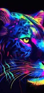 Vibrant neon leopard art on black background.