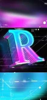 Neon letter R with pink and blue glowing hues on dark background.