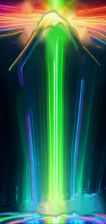 Colorful neon light beams on dark background.