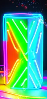 Vibrant neon blue and pink light display with dynamic tubes.