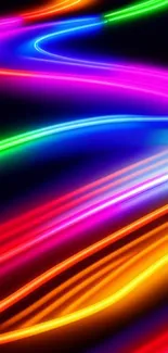 A vibrant neon wallpaper with colorful light streaks on a dark background.