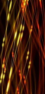 Abstract neon light streams in red and yellow on dark background.