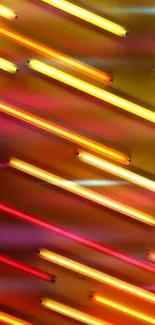 Vibrant neon light stripes in orange, yellow, and red hues on dark background.