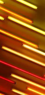 Vibrant red and orange neon light stripes on a modern mobile wallpaper background.