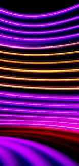 Abstract neon light waves in purple, pink, and orange on black background.