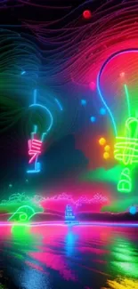 Vibrant neon lightbulb art with retro wave theme and colorful glowing lights.