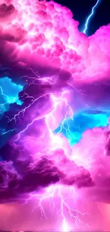 Vibrant neon lightning storm with pink and blue clouds illuminating the sky.