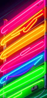 Vivid neon lights creating colorful waves on a mobile wallpaper.