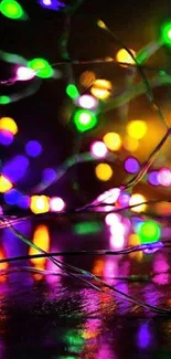 Vibrant neon lights with colorful bokeh on a dark background.