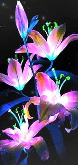 Vibrant neon lilies glowing against a dark background.