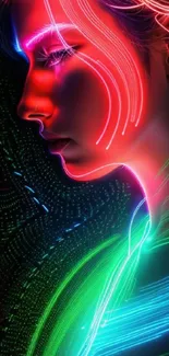 Vibrant neon line art portrait wallpaper with colorful lights.