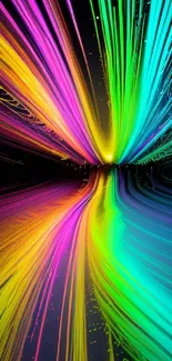 Abstract vibrant neon lines in rainbow colors on a dark background.