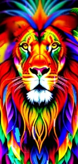 Vibrant neon lion art with colorful design.