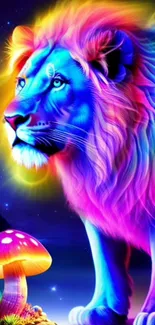 Vibrant neon lion with colorful mane beside glowing mushroom.