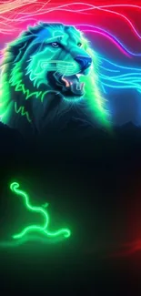 Neon lion art with vibrant colors and glowing design.