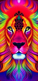 Vibrant neon-colored lion illustration in vivid art style.