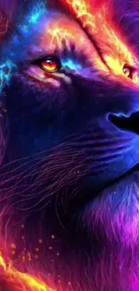 Vivid neon lion art wallpaper with purple and blue hues.